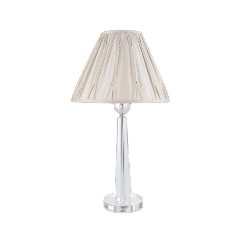 Sleek Crystal Task Lamp With Wide Flare Simplicity Fabric Beige Nightstand Light For Bedside