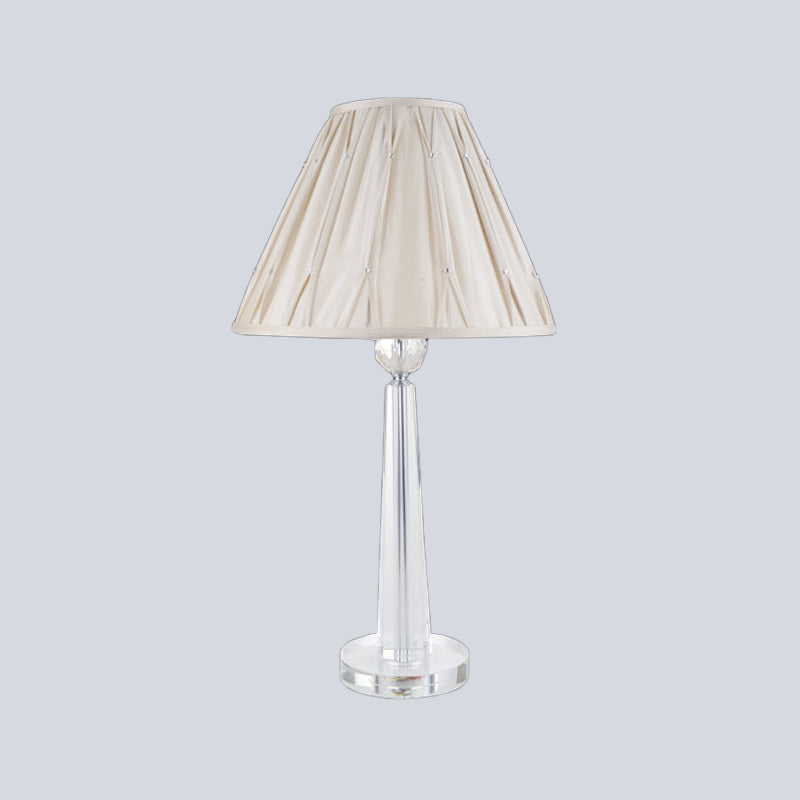 Sleek Crystal Task Lamp With Wide Flare Simplicity Fabric Beige Nightstand Light For Bedside