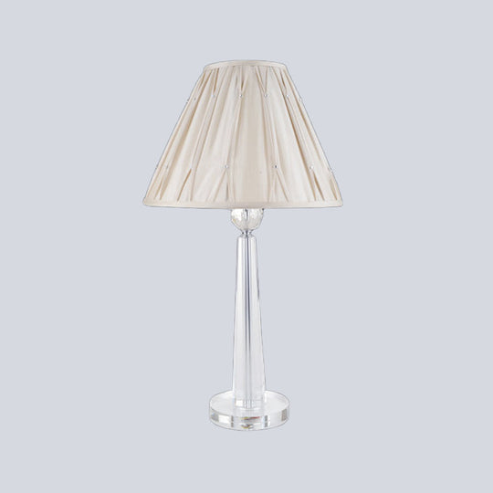 Sleek Crystal Task Lamp With Wide Flare Simplicity Fabric Beige Nightstand Light For Bedside