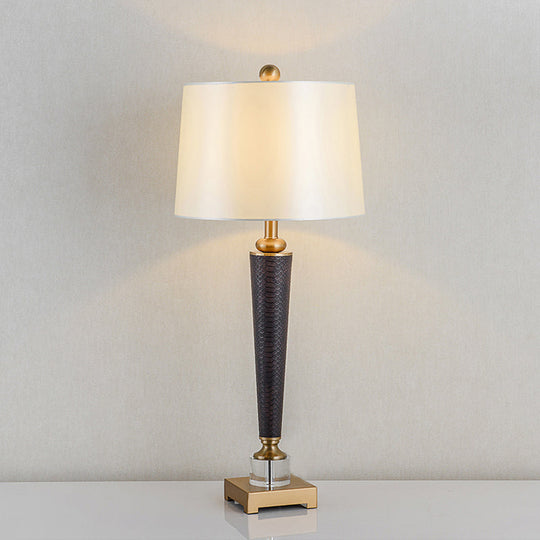 Modernist White Fabric Tapered Drum Desk Lamp - Sleek 1 Bulb Night Table Light For Bedroom