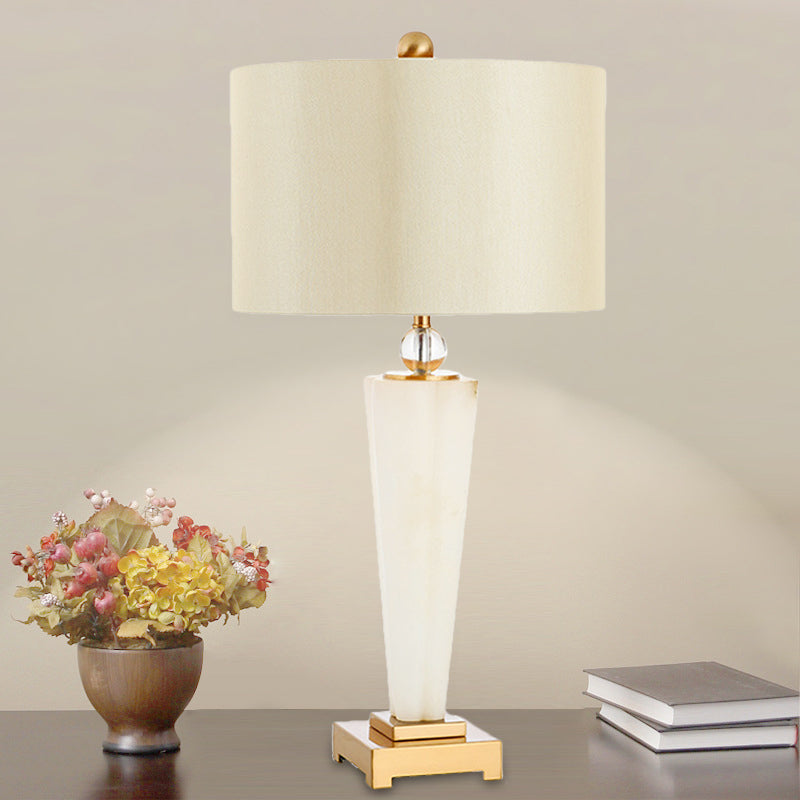 Modern Fabric Cylinder Task Lamp - 1 Bulb White Desk Light With Gold Metal Pedestal