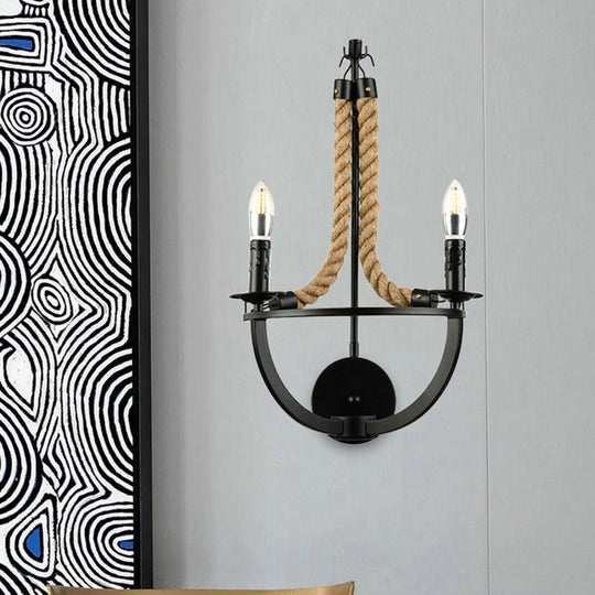 Industrial Manila Rope Wall Sconce With Open Bulbs - 2 Lights In Black For Living Room