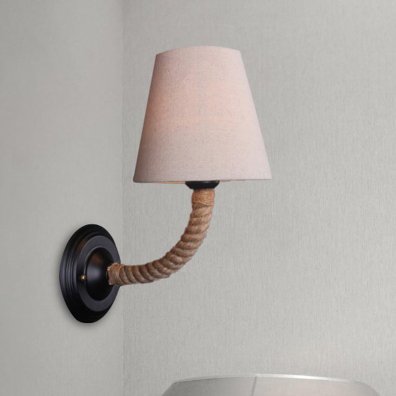 Lodge Style Beige Fabric Wall Sconce With Curved/Angle Arm For Restaurants - 1 Light