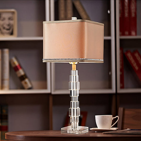 Modern Beige Desk Lamp With Fabric Shade - Rectangular Night Table Light