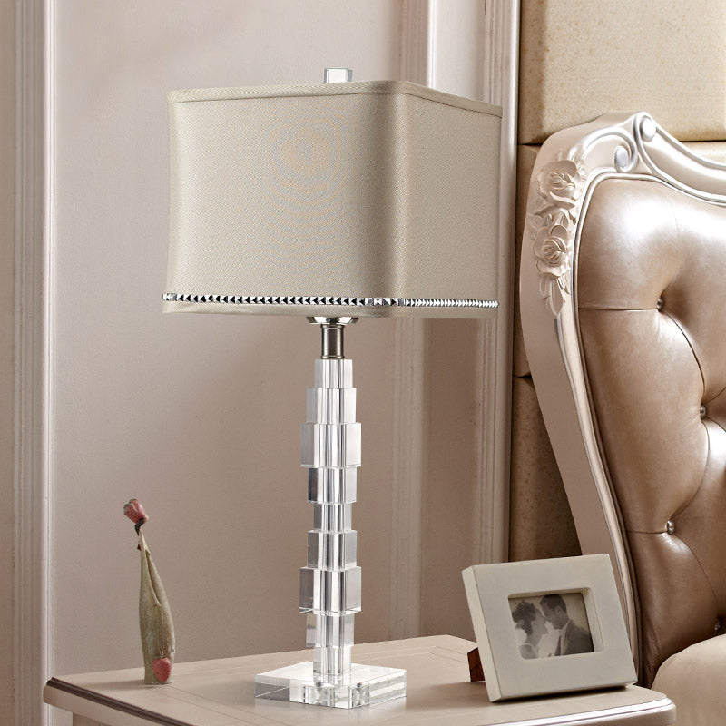 Modern Beige Desk Lamp With Fabric Shade - Rectangular Night Table Light