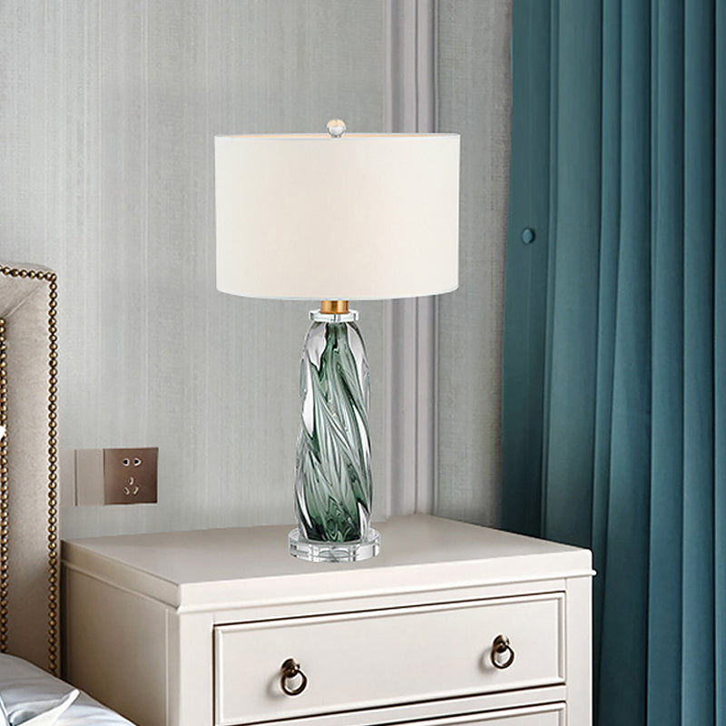 Contemporary Fabric Cylindrical Task Light - White Nightstand Lamp With Pewter Glazed Crystal Base