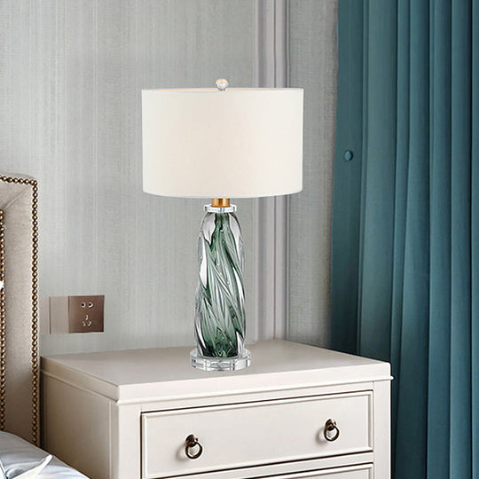 Contemporary Fabric Cylindrical Task Light - White Nightstand Lamp With Pewter Glazed Crystal Base