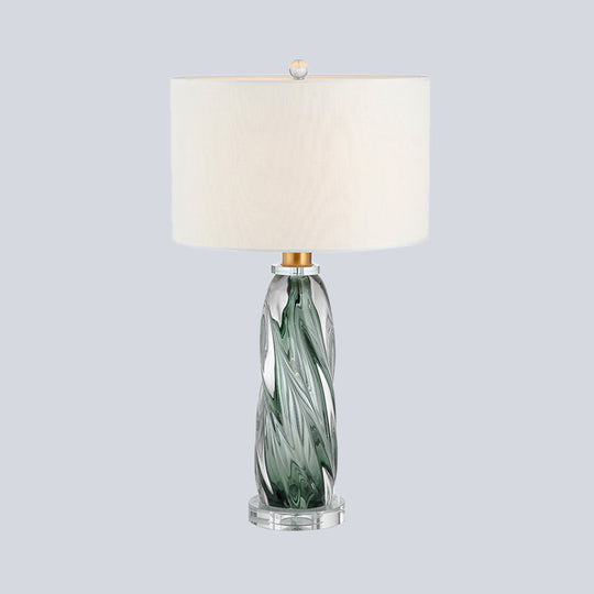 Contemporary Fabric Cylindrical Task Light - White Nightstand Lamp With Pewter Glazed Crystal Base