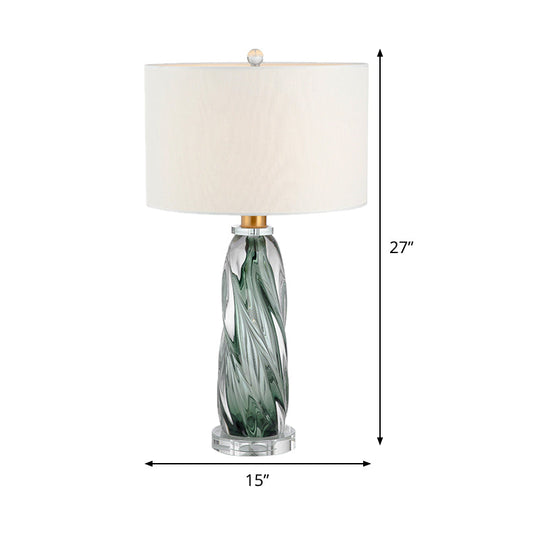 Contemporary Fabric Cylindrical Task Light - White Nightstand Lamp With Pewter Glazed Crystal Base