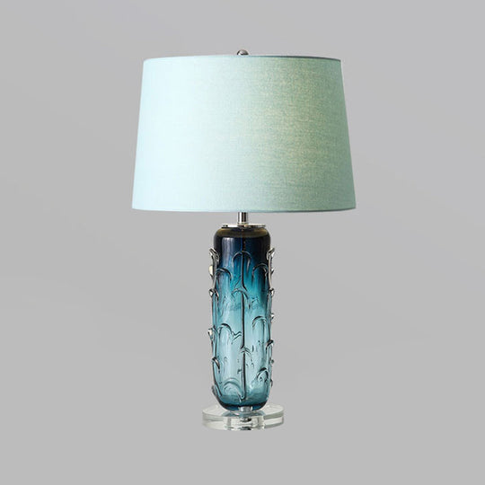 Modernist Blue Reading Lamp With Crystal Base: Tapered Drum Fabric Task Light