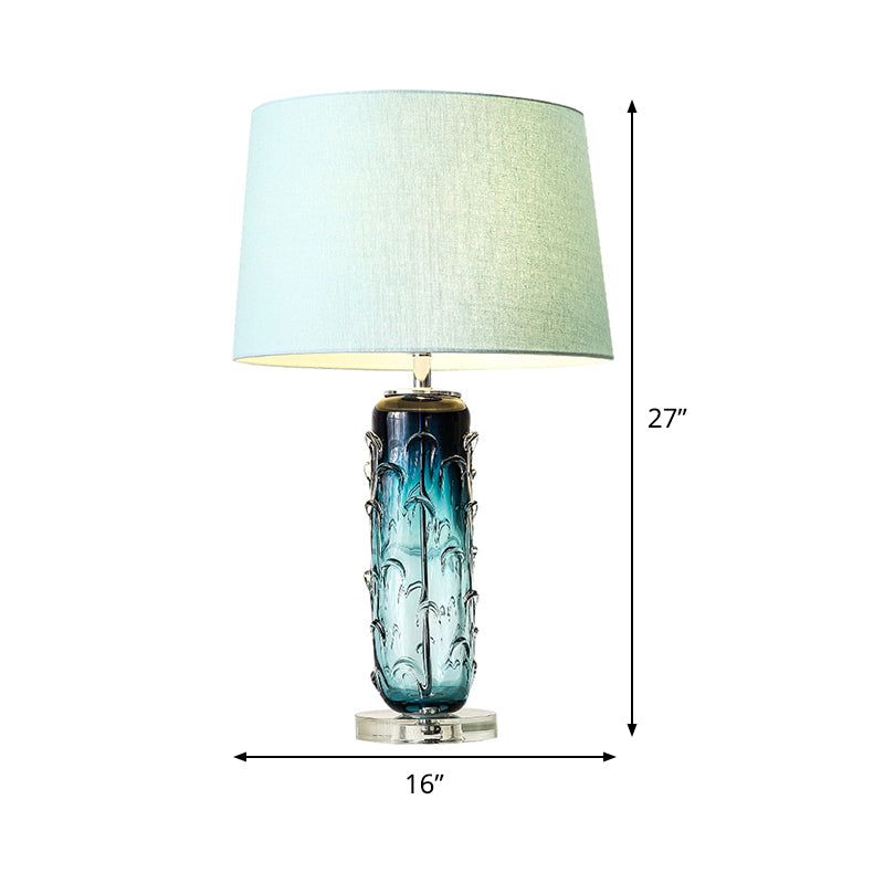 Modernist Blue Reading Lamp With Crystal Base: Tapered Drum Fabric Task Light