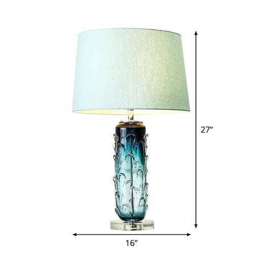 Modernist Blue Reading Lamp With Crystal Base: Tapered Drum Fabric Task Light