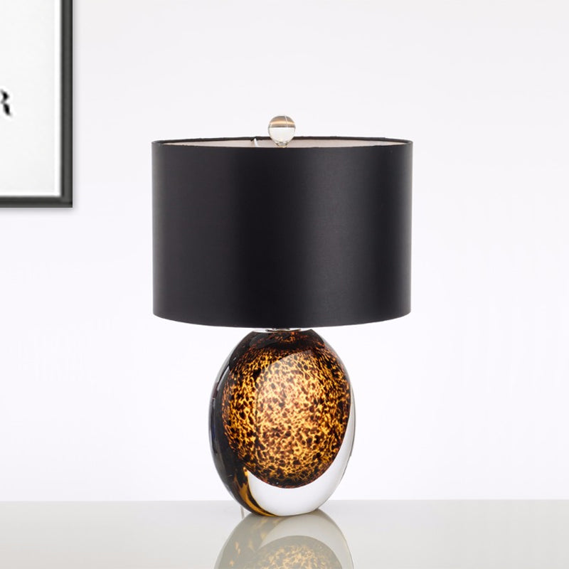 Modernist Drum Task Fabric Desk Lamp - Small Black With Amber Glazed Crystal Base