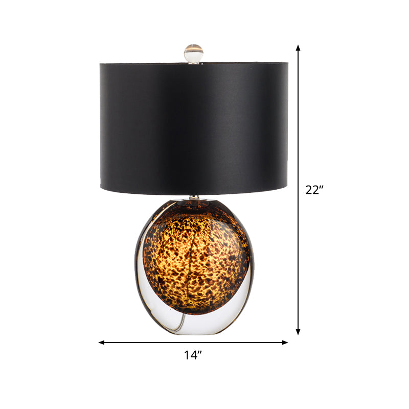 Modernist Drum Task Fabric Desk Lamp - Small Black With Amber Glazed Crystal Base