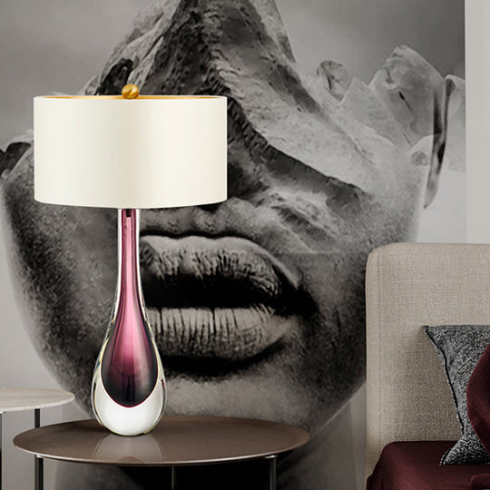 Modern White Droplet Task Lamp: 1-Head Purple Crystal Reading Light With Fabric Shade