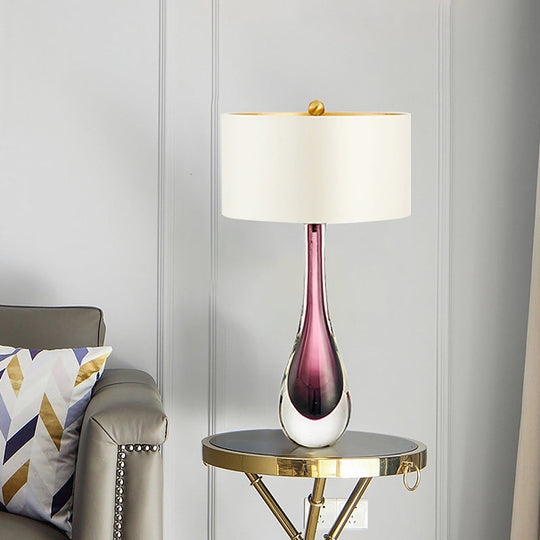 Modern White Droplet Task Lamp: 1-Head Purple Crystal Reading Light With Fabric Shade