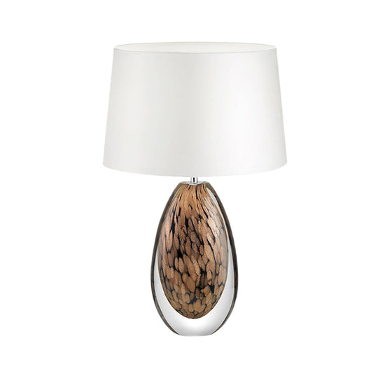 Modernist White Fabric Desk Lamp With Teardrop Brown Glazed Crystal Base - 1 Head Tapered Table