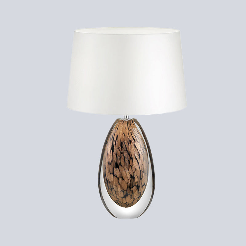 Modernist White Fabric Desk Lamp With Teardrop Brown Glazed Crystal Base - 1 Head Tapered Table