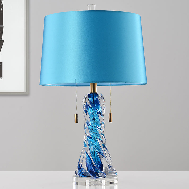 Modern 2-Head Conical Fabric Nightstand Lamp In Blue With Pull Chain - Task Lighting