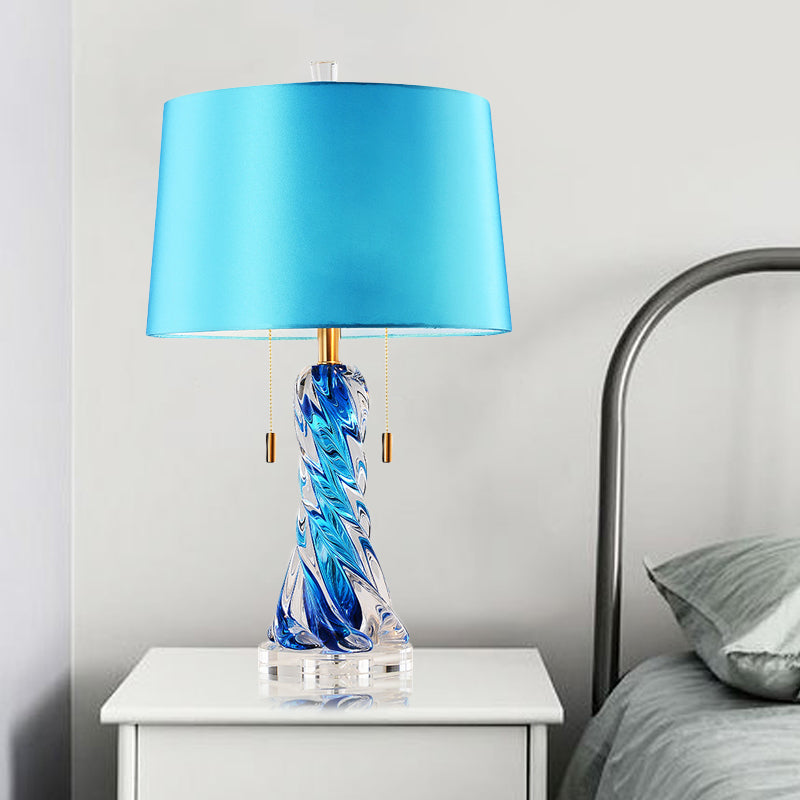 Modern 2-Head Conical Fabric Nightstand Lamp In Blue With Pull Chain - Task Lighting