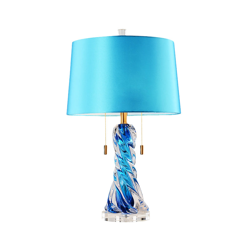 Modern 2-Head Conical Fabric Nightstand Lamp In Blue With Pull Chain - Task Lighting