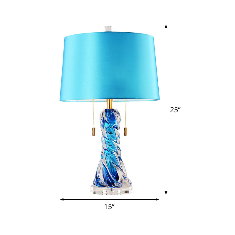 Modern 2-Head Conical Fabric Nightstand Lamp In Blue With Pull Chain - Task Lighting