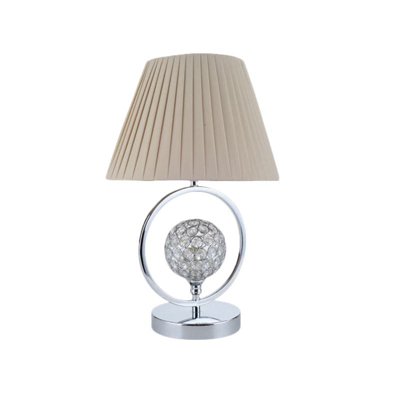 Contemporary Pleated Fabric Table Light - Beige 1-Head Reading Lamp With Crystal Bead