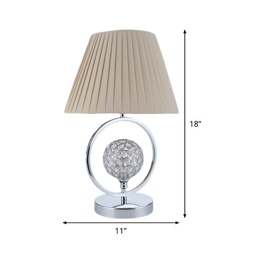 Contemporary Pleated Fabric Table Light - Beige 1-Head Reading Lamp With Crystal Bead