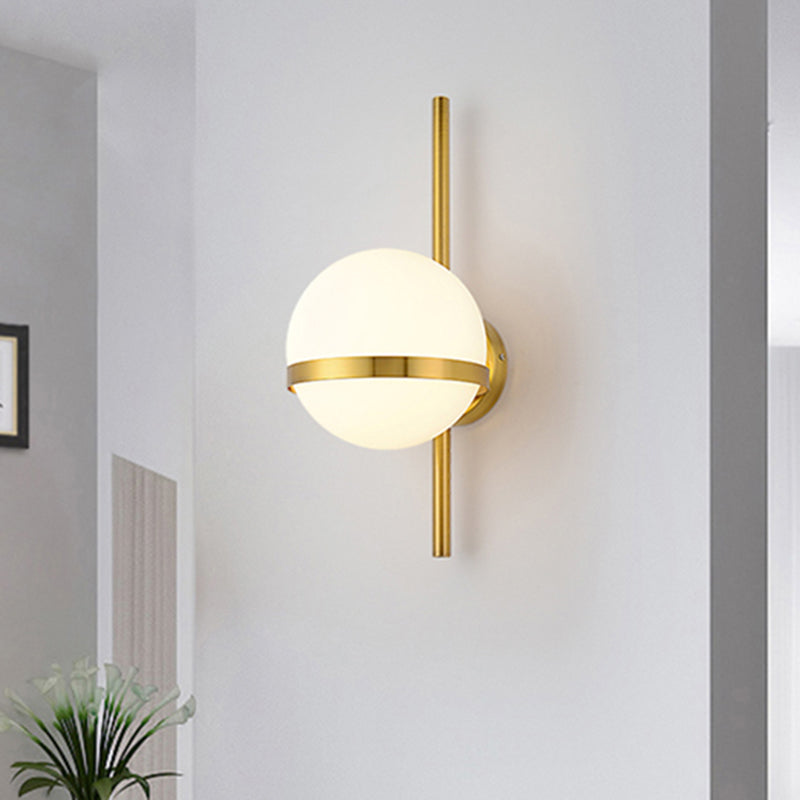 Modern Black/Gold Vertical Wall Sconce With Orbit Opal Glass Shade - 1 Head Metal Lamp 6/8 Width