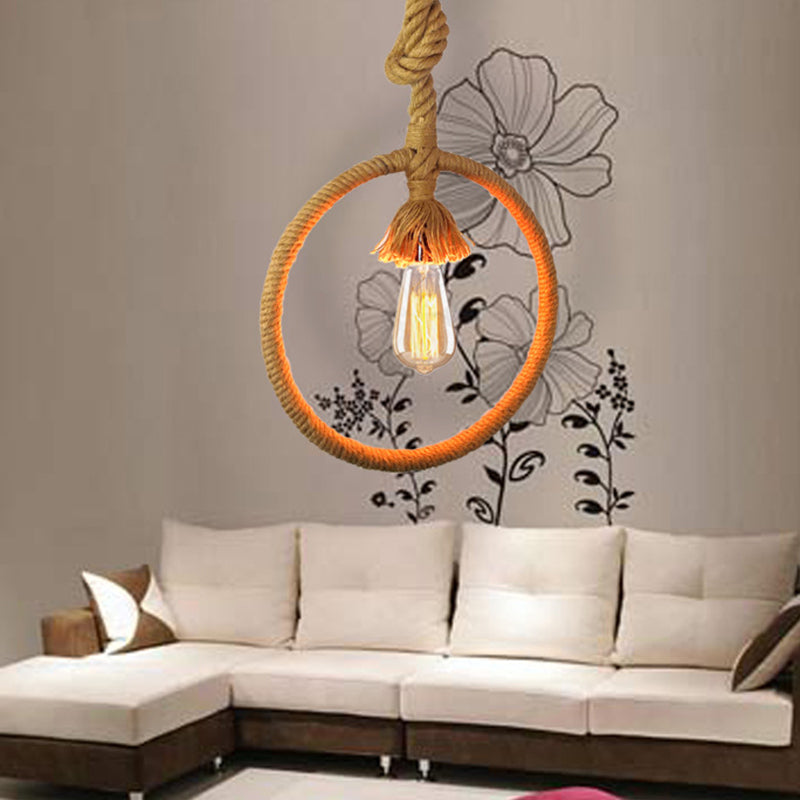 Industrial Rope Pendant Lamp With Beige Suspended Light Knots Cord - Ring Restaurant Hanging Kit