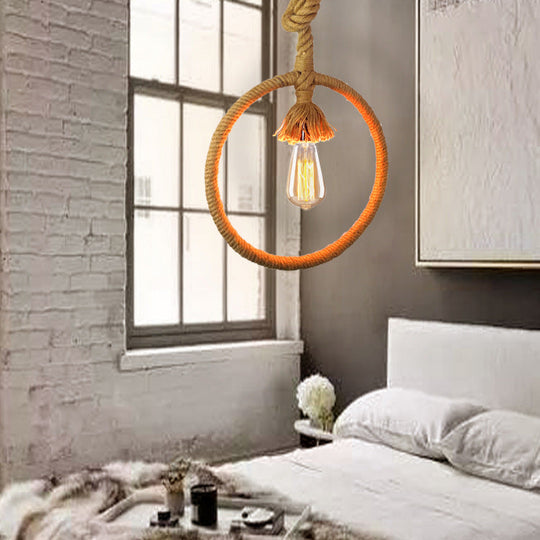 Industrial Rope Pendant Lamp With Beige Suspended Light Knots Cord - Ring Restaurant Hanging Kit