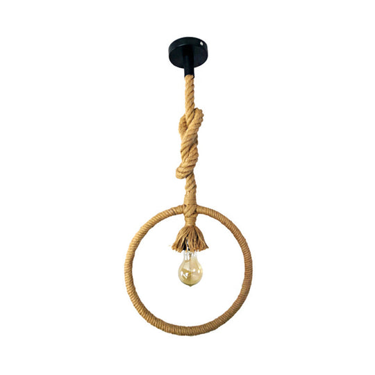 Industrial Rope Pendant Lamp With Beige Suspended Light Knots Cord - Ring Restaurant Hanging Kit