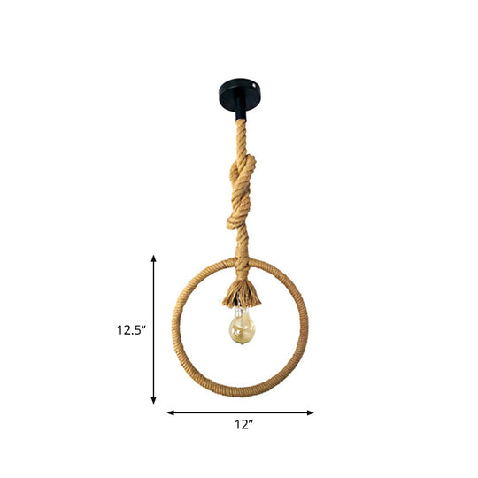 Industrial Rope Pendant Lamp With Beige Suspended Light Knots Cord - Ring Restaurant Hanging Kit