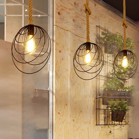 Industrial Metal Mussel Cage Pendant Light For Restaurants - Black With Knots Rope Cord