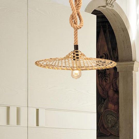 Bulb Flat Bamboo Hat Pendant Ceiling Light Countryside Beige Rope Design