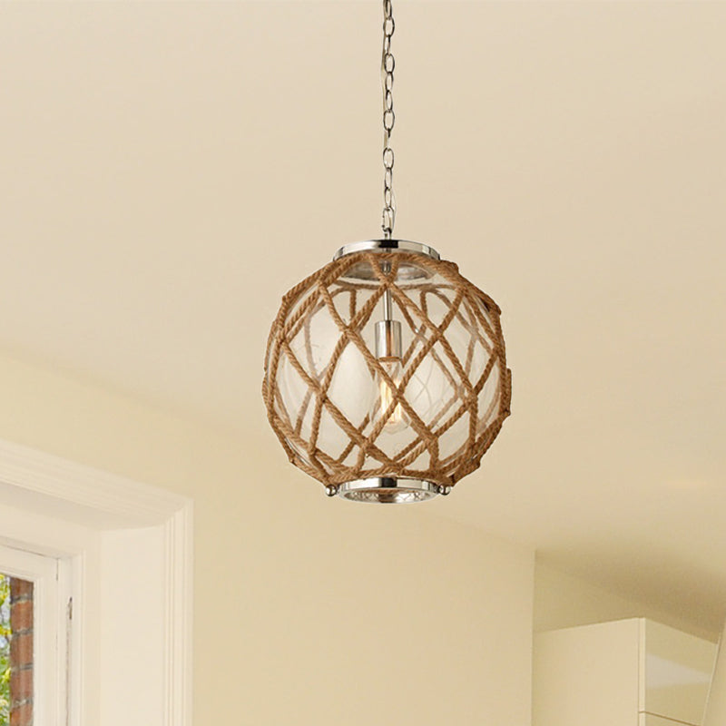 Vintage Clear Glass Hanging Globe Lamp with Hand-Woven Beige Rope Detail - 1 Head Suspension for Corridor Lighting