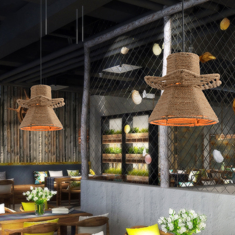 1-Head Beige Ceiling Pendant Light With Antique Rope Urn Shape - Ideal For Restaurants