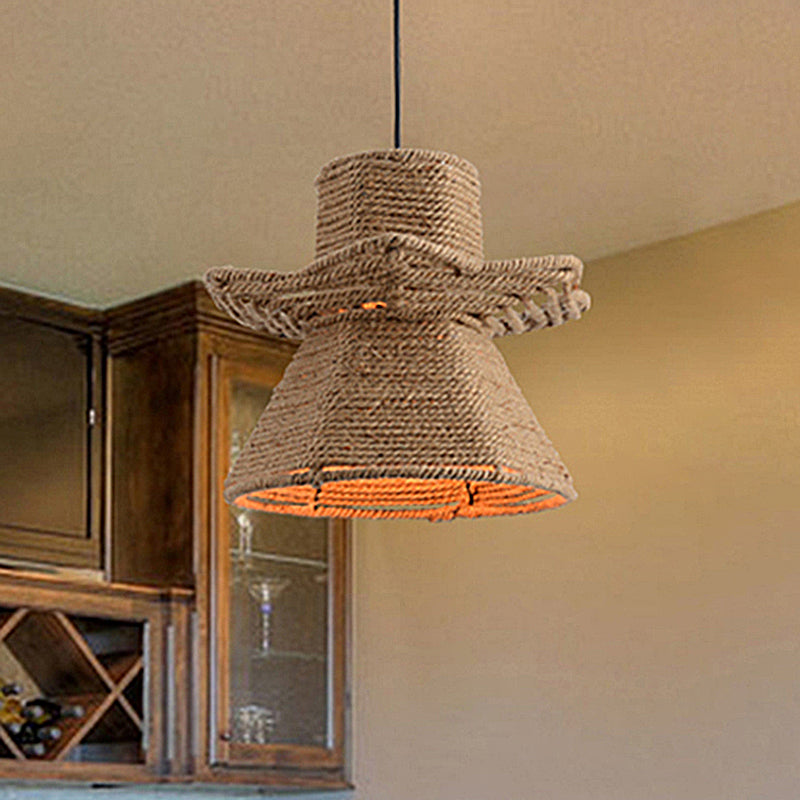 1-Head Beige Ceiling Pendant Light With Antique Rope Urn Shape - Ideal For Restaurants