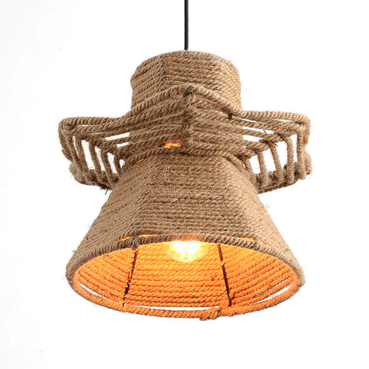 1-Head Beige Ceiling Pendant Light With Antique Rope Urn Shape - Ideal For Restaurants