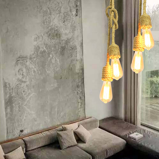 Vintage Beige Rope Pendant Lamp with Exposed Bulbs - 2-Light Cluster for Living Room