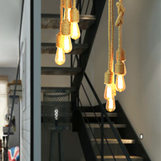 Industrial Bare Bulb Pendant Light - 4 Heads Rope Hanging Ceiling Lamp in Beige with Knots Design