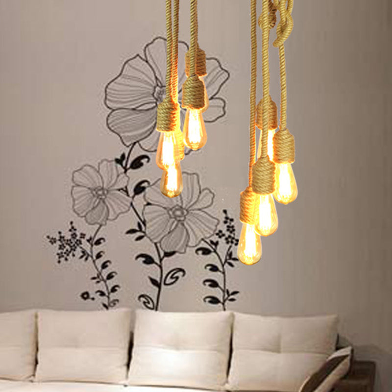 Industrial Bare Bulb Pendant Light - 4 Heads Rope Hanging Ceiling Lamp in Beige with Knots Design