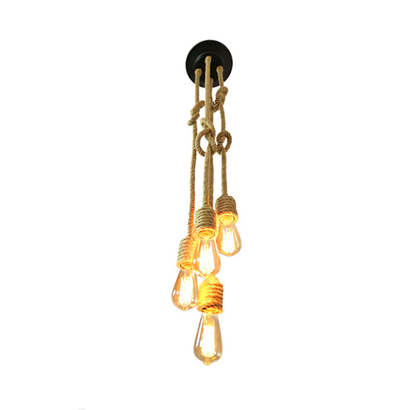 Industrial Bare Bulb Pendant Light - 4 Heads Rope Hanging Ceiling Lamp in Beige with Knots Design