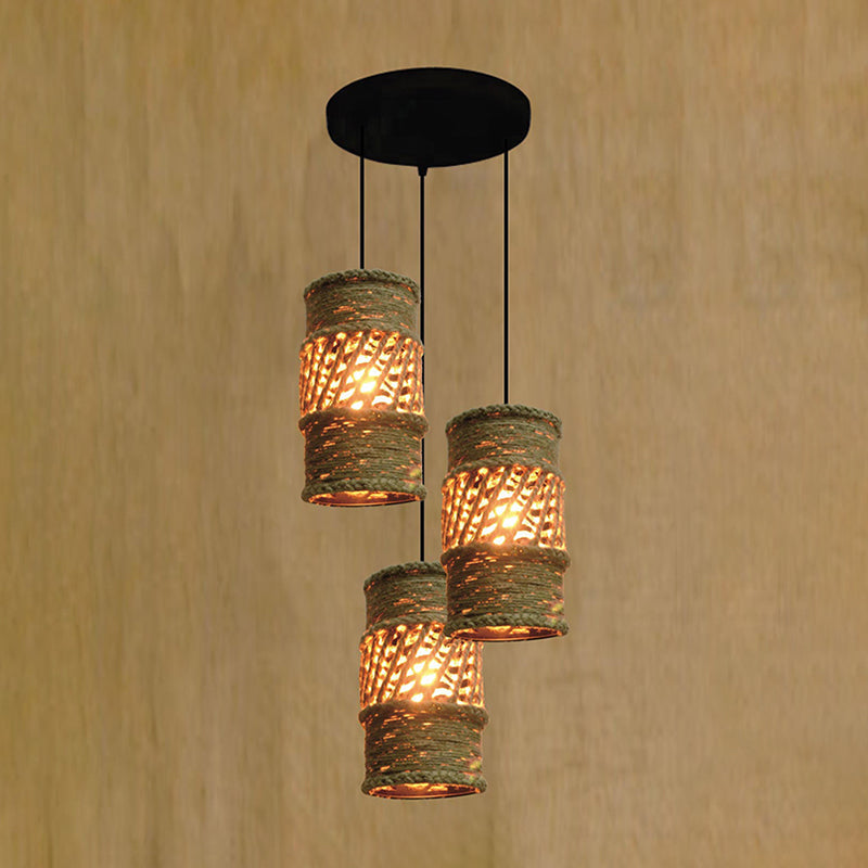 Farmhouse Restaurant Pendant Lamp With 3 Cylinder Rope Shades In Beige