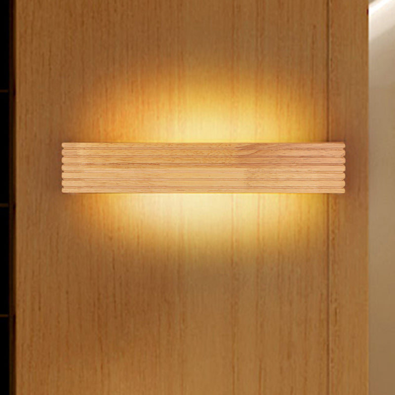 Contemporary Striped Wooden Bedroom Wall Sconce - Wide 1-Head Led Up/Down Light Fixture Beige