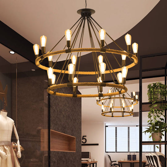 2-Tier Industrial Chandelier with 18 Hanging Lights, Beige Rope Pendant Lamp for Restaurants