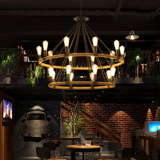 2-Tier Industrial Chandelier with 18 Hanging Lights, Beige Rope Pendant Lamp for Restaurants