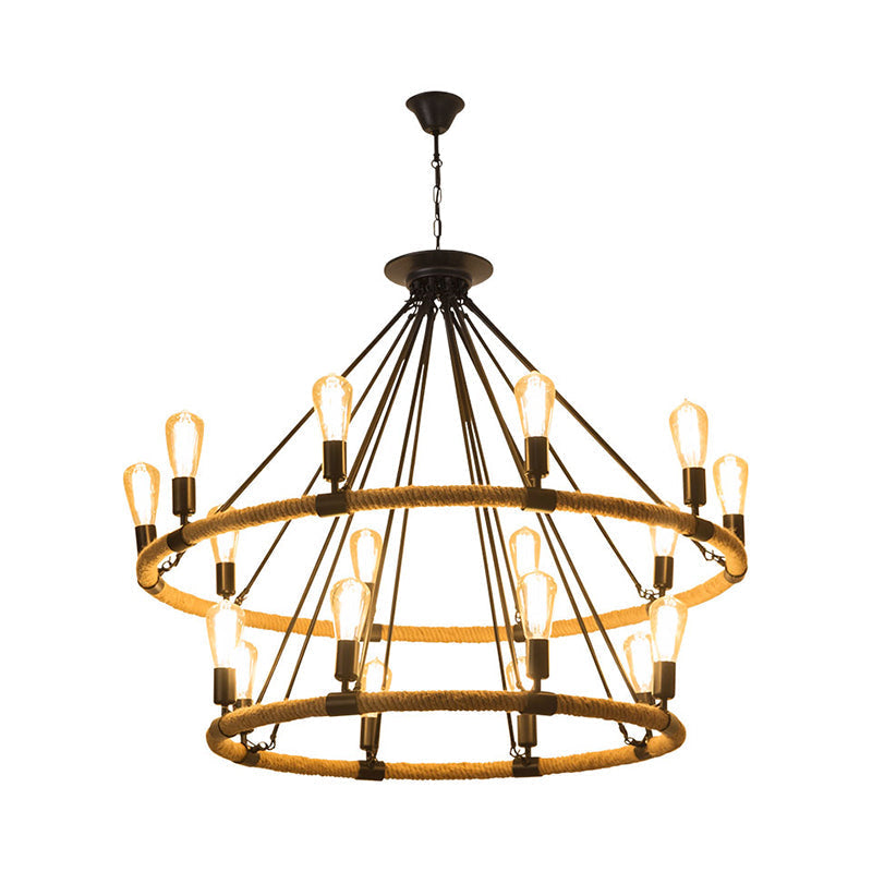 2-Tier Industrial Chandelier with 18 Hanging Lights, Beige Rope Pendant Lamp for Restaurants