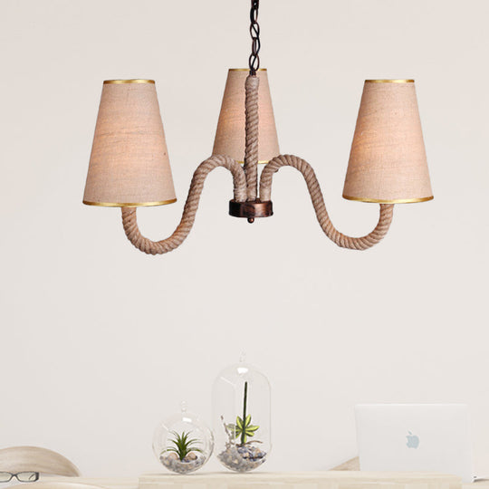 Beige Ceiling Chandelier with Antiqued Rope and Fabric Cone Shades - 3/5/8 Heads