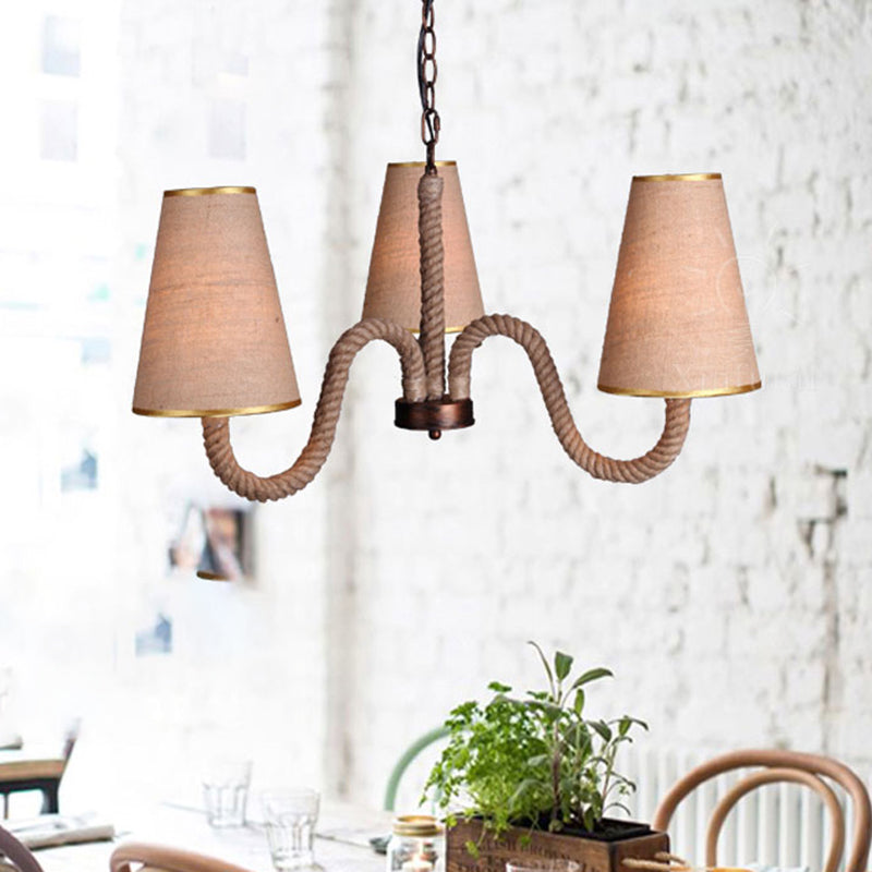 Beige Ceiling Chandelier With Antiqued Rope Design And Fabric Shade